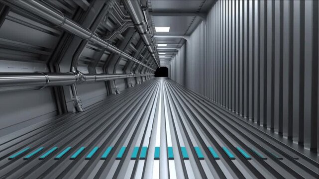 宇宙船の通路でチタン構造体とシアンの誘導ラインが構築されるインフラ背景