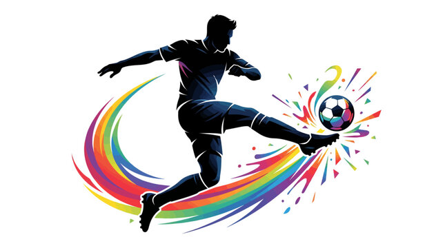 Silhouette of a soccer player kicking a colorful ball with rainbow swirls