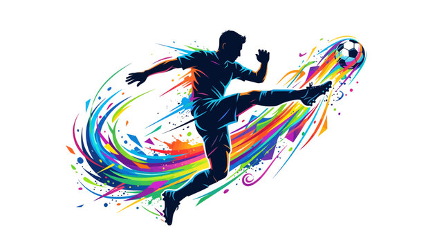 A soccer player kicks a colorful swirling bola during a nighttime sports event.