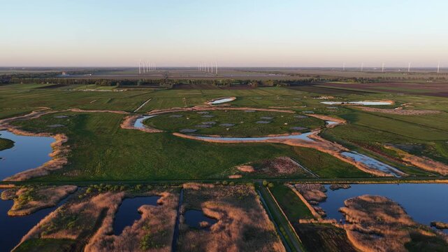 Aerial drone view of LOFAR radio telescope antennas in Drenthe, a science and nature landscape between Exloo and Buinen.