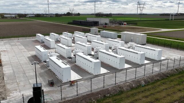 Aerial perspective of a large scale battery energy storage system facility, showing multiple modular units designed for renewable power grid stability and distribution in a rural landscape