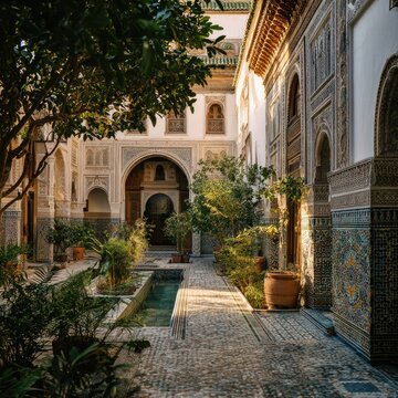 Moroccan Courtyard with Intricate Tilework and Lush Greenery
