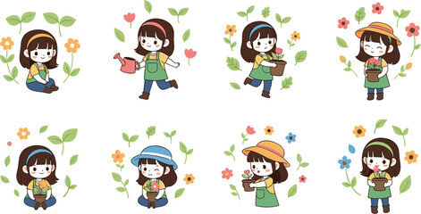 Fototapeta premium Cute Chibi Girl Gardening Sticker Set with Character Watering Flowers Holding Potted Plants Vector Illustration for Kids Spring Hobby Graphic Design