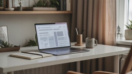 Fototapeta premium Scandinavian minimalist home office workspace with a clean wooden desk setup for coding