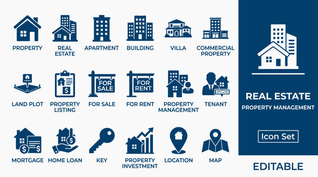 Modern buildings and apartments for sale or rent in a cityscape with property management icons