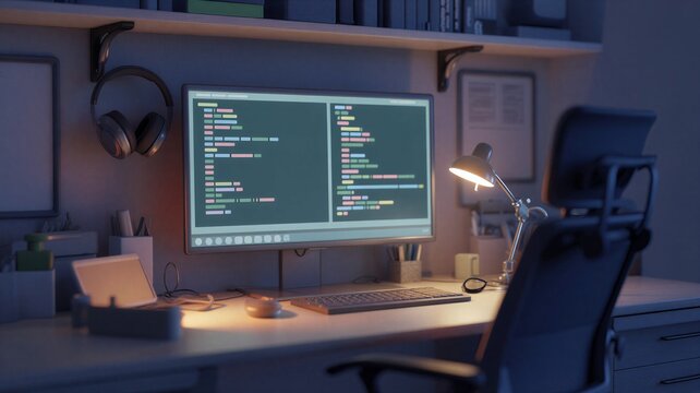 Cozy Night Coding Workspace Interior