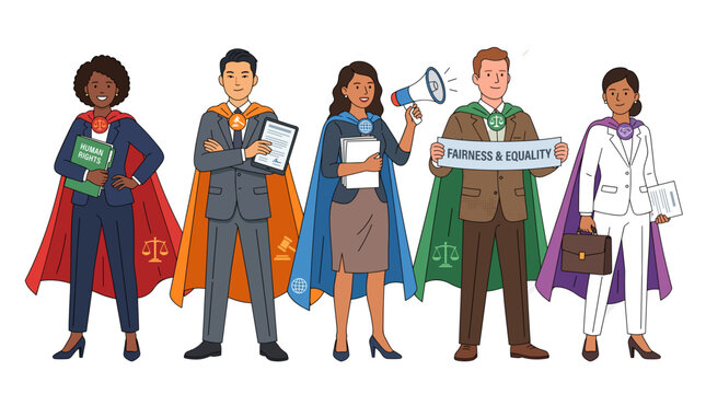 Creative vector illustration featuring multicultural justice advocates and business superheroes promoting equality, human rights, and leadership for International Justice Day awareness materials.