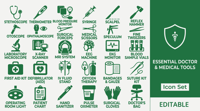A doctor examines a patient with various medical tools and equipment in a clinic.