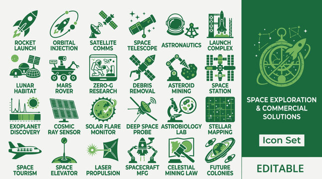 Space exploration icons depict various spacecraft, satellites, and astronomy equipment on a green and white background.