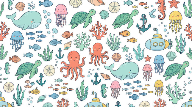 Cute Hand-Drawn Cartoon Marine Life Seamless Pattern with Ocean Animals and Underwater Elements