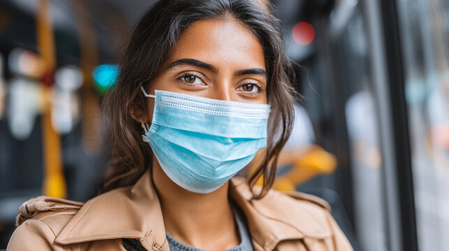 Young woman with face mask looking at camera inside public transport during pandemic, daily life