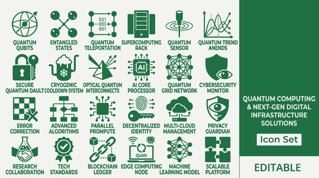 Quantum computing icons illustrate digital infrastructure solutions on a graphic design.