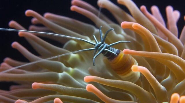 Close-up of a vibrant marine anemone with a delicate shrimp nestled within its tentacles, showcasing symbiotic underwater life