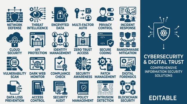 Various cybersecurity icons and symbols representing digital trust solutions on a white background.