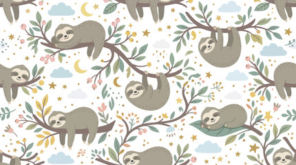 Obraz premium Cute Cartoon Illustration of Sleepy Sloths on Branches in a Seamless Pattern for Children's Designs