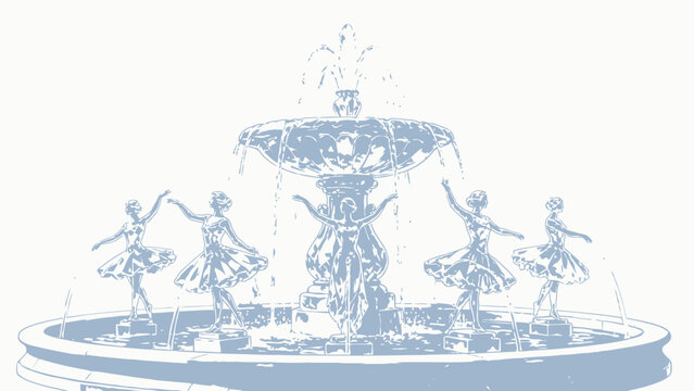 Ethereal Tiered Crystal Fountain With Carved Ballerina Statue Water Spouts, Soft Ice Blue Palette, Delicate Watercolor Illustration On Bright White Background