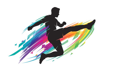 Fototapeta premium A man kicks dynamically with colorful streaks behind him in a graphic illustration.