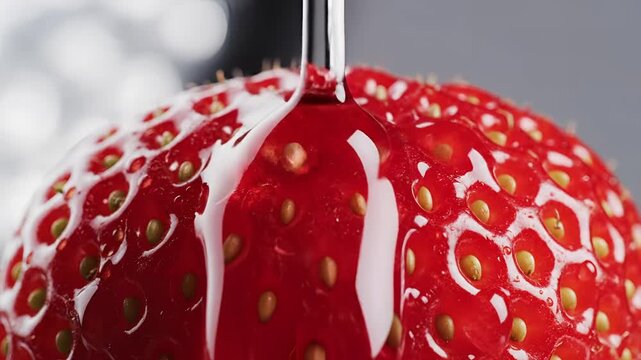 Closeup of a ripe strawberry with a drop of liquid falling onto it.