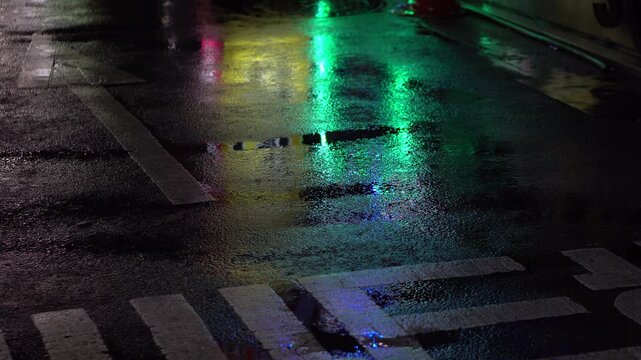Reflection of Neon Lights on Wet Street on Rainy Day in Downtown Seoul, South Korea
