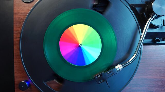 Starting Playback of Green Single 45 RPM Vinyl Record on Turntable, Top Down View