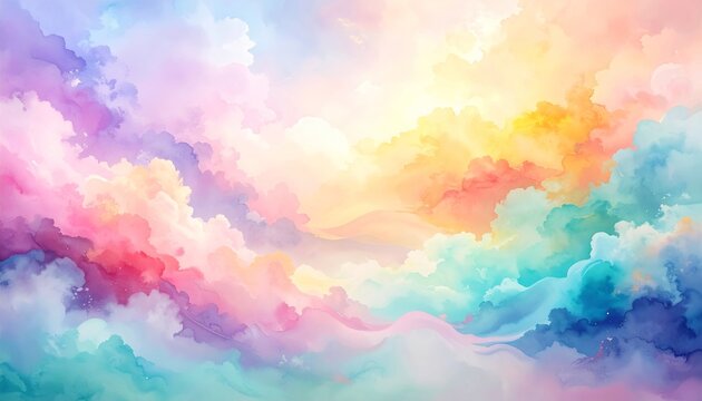 Abstract colorful watercolor background with pastel clouds and a sunset sky texture featuring a painted rainbow pattern of light