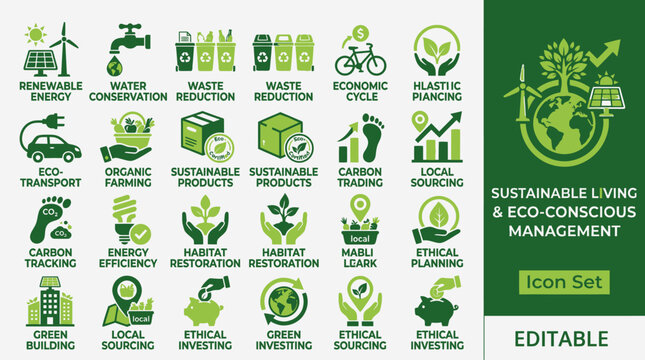 Eco-friendly icons illustrate sustainable living practices and eco-conscious management in a modern setting with various green symbols.