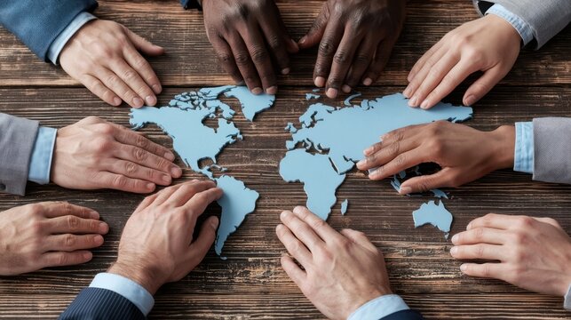Diverse group of business people with different skin tones placing hands on world map puzzle on wooden table showing teamwork global unity and cooperation concept
