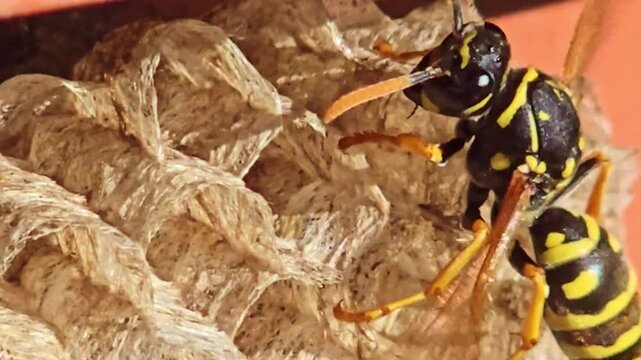 Macro detail of wasp body and legs building nest with visible structure