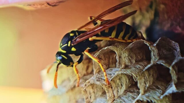Extreme macro of wasp standing on paper nest with detailed texture