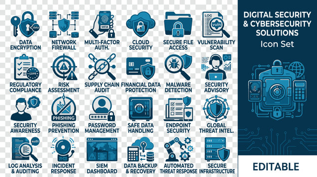 Digital security icons showcase various cybersecurity solutions on a table