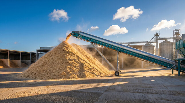Industrial conveyor belt loading a large pile of wood chips. Raw material for biomass energy and sawmill processing