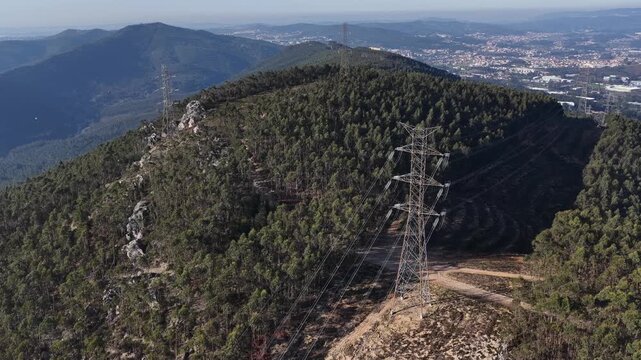 Energy power lines and high voltage towers across the Eucalyptus monocultures in Portugal.