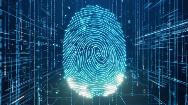 Single fingerprint scanning animation, glowing biometric lines and digital code streams, clean blue background, cybersecurity identification concept, 4K video