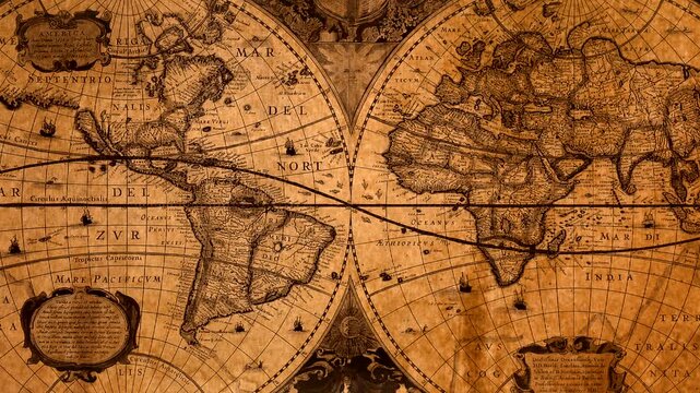 Vintage double hemisphere world map with symmetrical layout