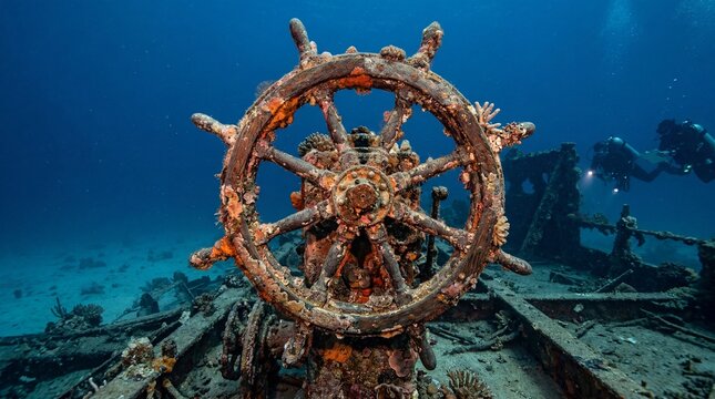 Sunken Ship Wheel with Coral Growth and Divers Exploring Wreckage
