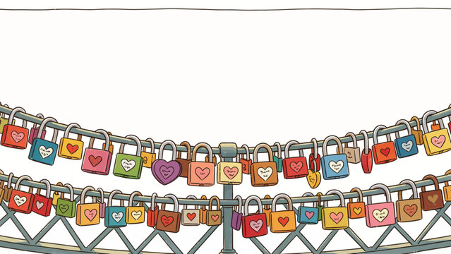 Whimsical hand-drawn illustration of colorful heart-themed love padlocks locked along two bridge railings, tiny handwritten inscriptions, warm romantic mood, plain off-white negative space