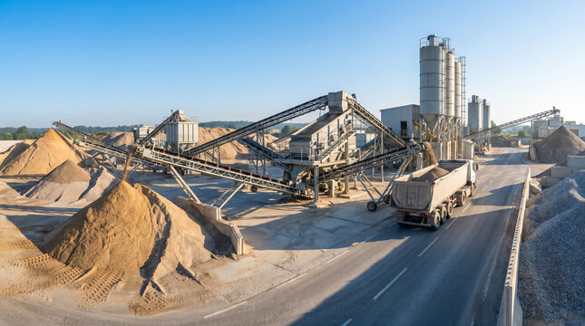 Aerial view of a bustling aggregate plant. Sand and gravel are processed by conveyor belts and loaded into a dump truck
