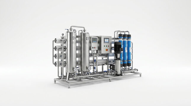 Industrial reverse osmosis (RO) water treatment system for advanced purification and filtration. Clean, modern equipment