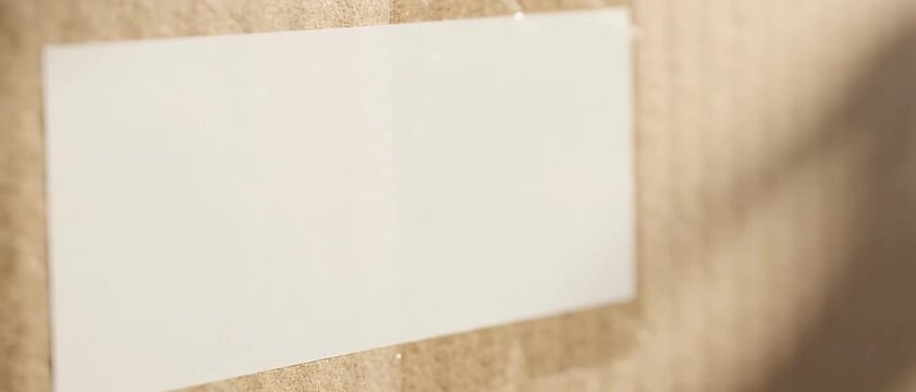 Blank white shipping label on a brown cardboard mailing box