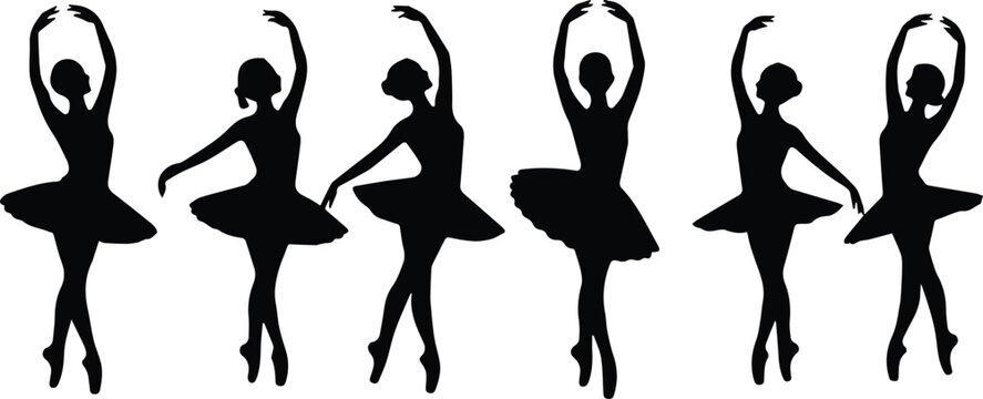 Minimalist black ballet dancers in various graceful poses silhouette vector icon set