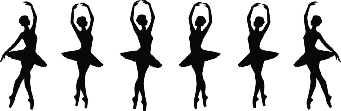 Minimalist black ballet dancers in various graceful poses silhouette vector icon set