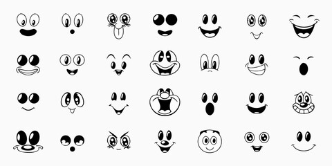 Collection of black and white cartoon face expressions vintage animation style on a white background © Asit
