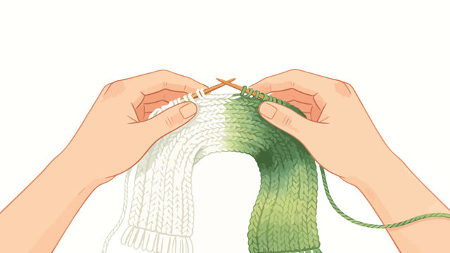Gentle warm illustration of two hands knitting an ombre white-to-green scarf with wooden knitting needles, clean minimalist white background, cozy handcraft theme