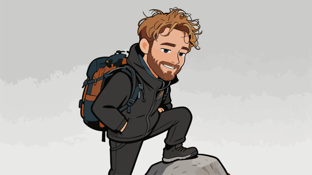 Cartoon Male Hiker Resting On A Rock During Outdoor Trip