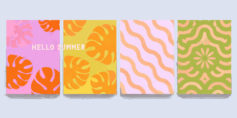 Obraz premium Set of four vertical summer greeting cards with tropical leaves and wavy patterns illustration