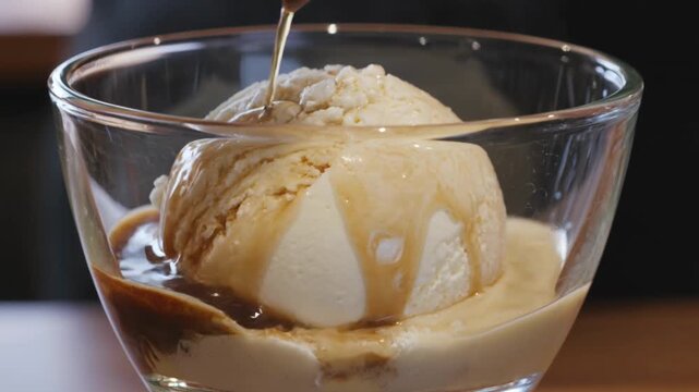 Coffee poured over vanilla ice cream in a glass bowl for dessert