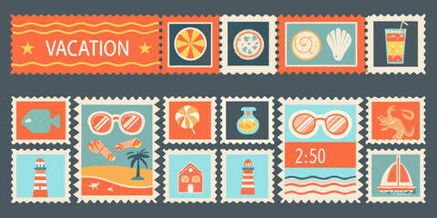 Collection of vibrant travel themed postage stamps with sunny colors and scenic illustrations high quality © Asit