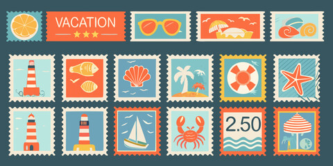 Collection of vibrant travel themed postage stamps with summery icons and colorful backgrounds high quality © Asit