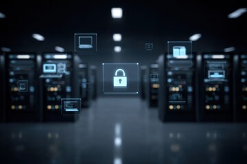 Fototapeta premium An intricate cyber defense grid blocks a sudden attack, identifying a vulnerability and neutralizing a security threat before any breach can compromise the entire system.