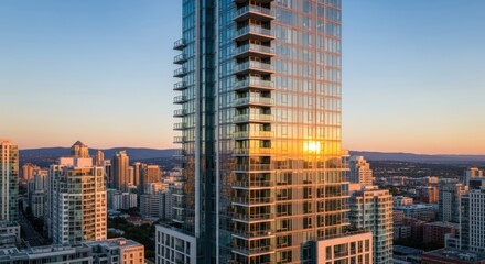 Obraz premium skyscraper at sunset, cityscape with modern glass tower